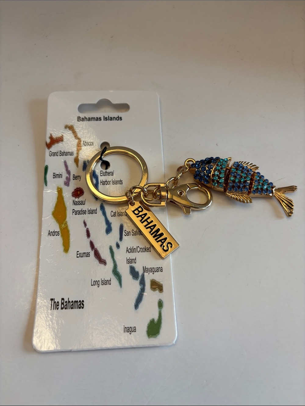 Bahamas Gold-Tone Fish Keychain with Blue Crystal Accents
